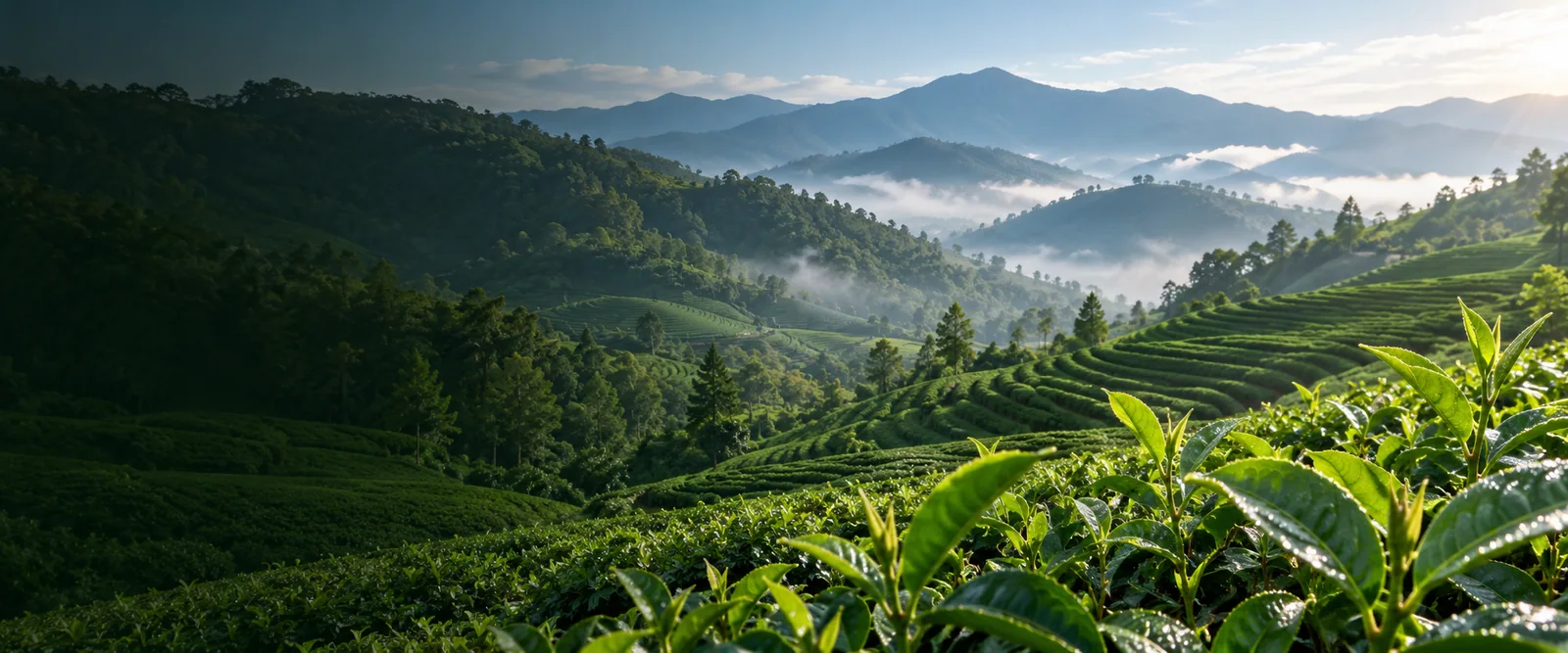Paisaje botánico ilustrativo; no representa instalaciones de Yisheng Maolian